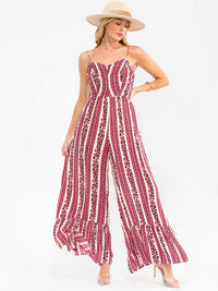WOMEN'S SLEEVELESS FRONT POCKETS SMOCK PRINTED WIDE LEG JUMPSUIT