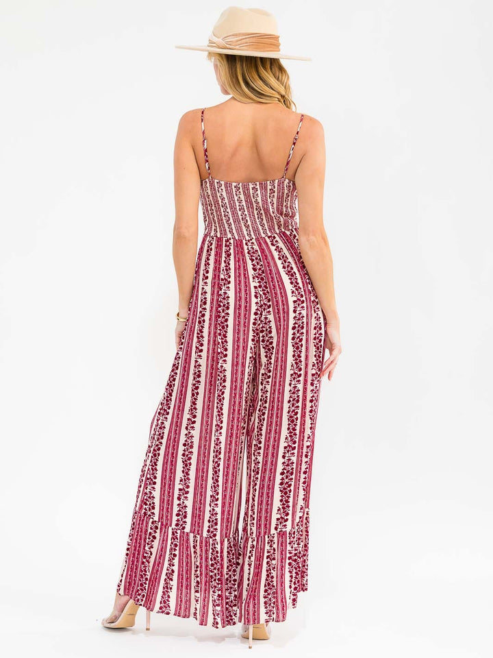 WOMEN'S SLEEVELESS FRONT POCKETS SMOCK PRINTED WIDE LEG JUMPSUIT