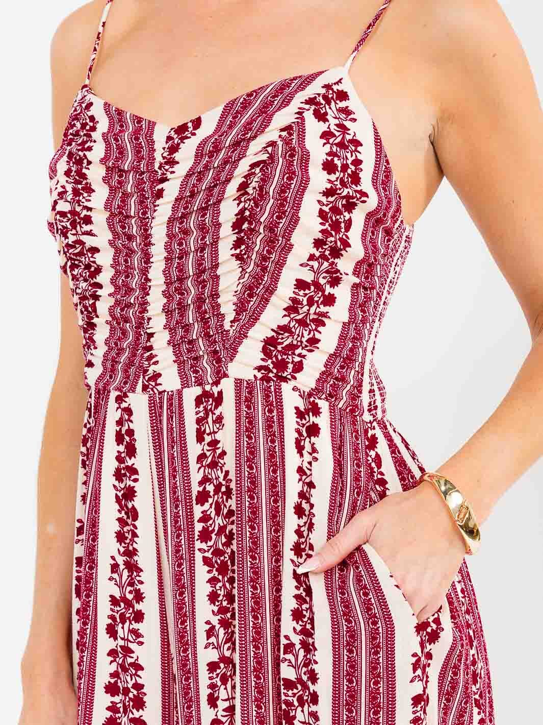 WOMEN'S SLEEVELESS FRONT POCKETS SMOCK PRINTED WIDE LEG JUMPSUIT