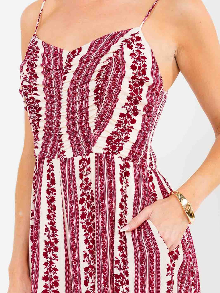 WOMEN'S SLEEVELESS FRONT POCKETS SMOCK PRINTED WIDE LEG JUMPSUIT
