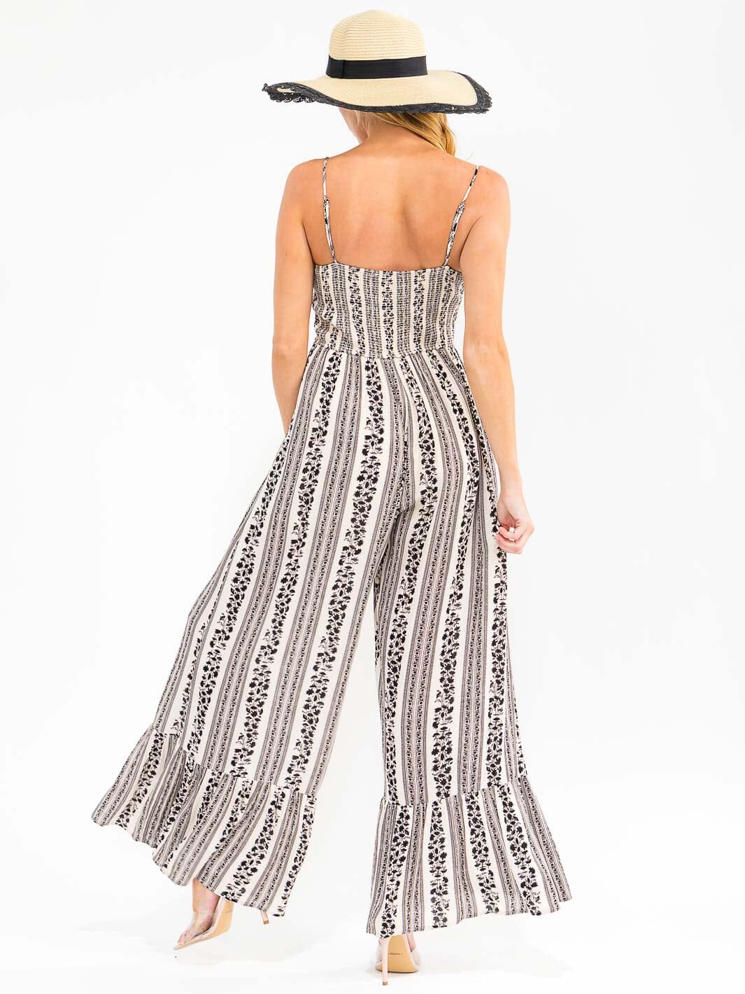 WOMEN'S SLEEVELESS FRONT POCKETS SMOCK PRINTED WIDE LEG JUMPSUIT