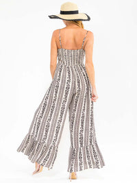WOMEN'S SLEEVELESS FRONT POCKETS SMOCK PRINTED WIDE LEG JUMPSUIT