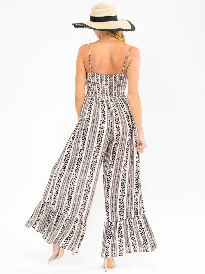 WOMEN'S SLEEVELESS FRONT POCKETS SMOCK PRINTED WIDE LEG JUMPSUIT