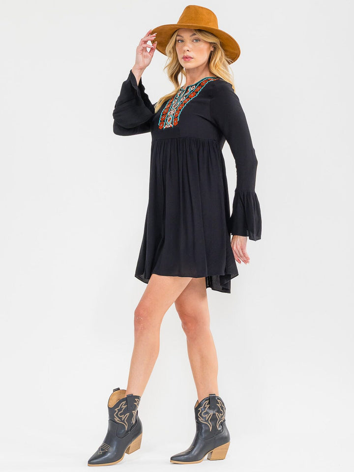 WOMEN'S LONG SLEEVE V-NECK EMBROIDERY DETAILED LOOSE FIT MINI DRESS