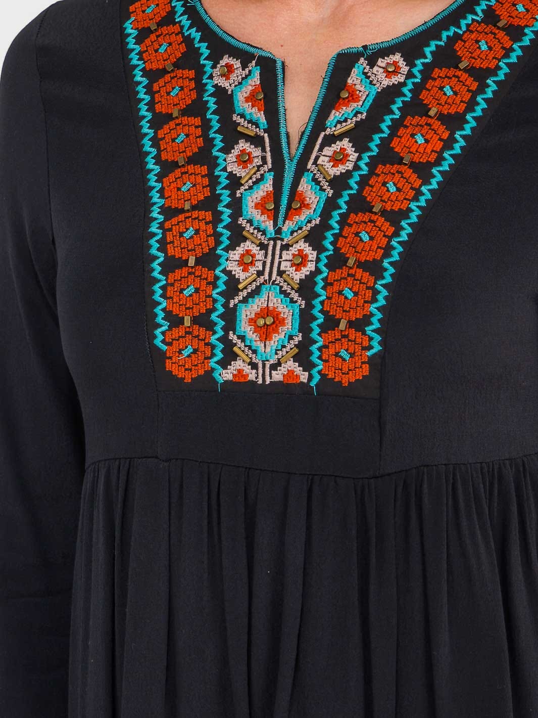 WOMEN'S LONG SLEEVE V-NECK EMBROIDERY DETAILED LOOSE FIT MINI DRESS