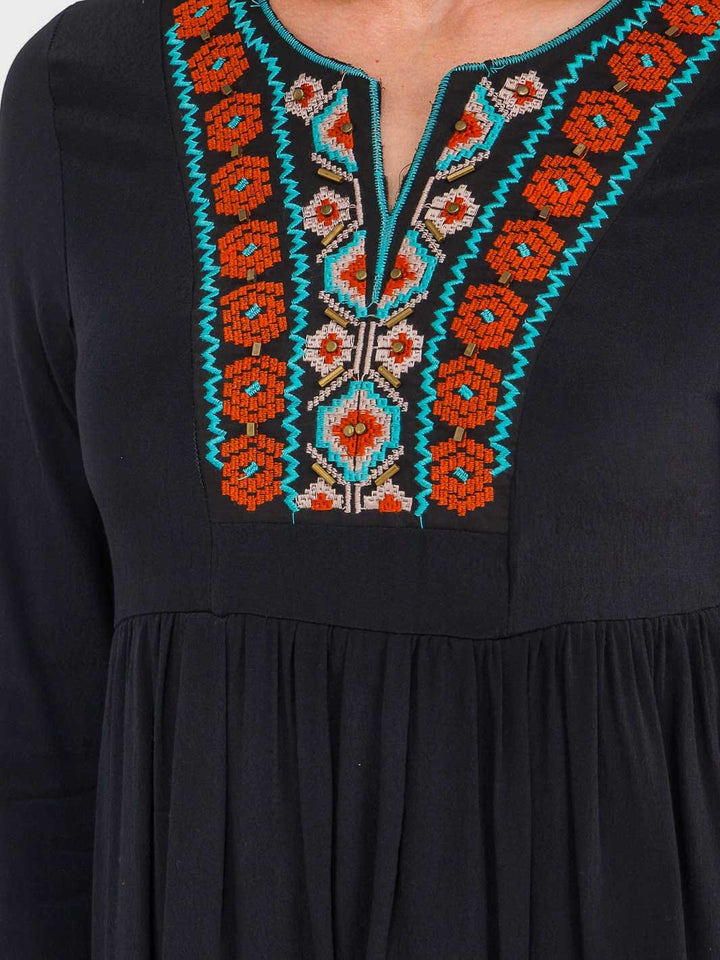 WOMEN'S LONG SLEEVE V-NECK EMBROIDERY DETAILED LOOSE FIT MINI DRESS