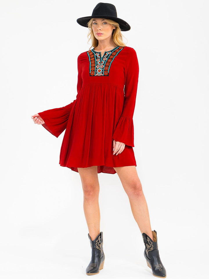 WOMEN'S LONG SLEEVE V-NECK EMBROIDERY DETAILED LOOSE FIT MINI DRESS