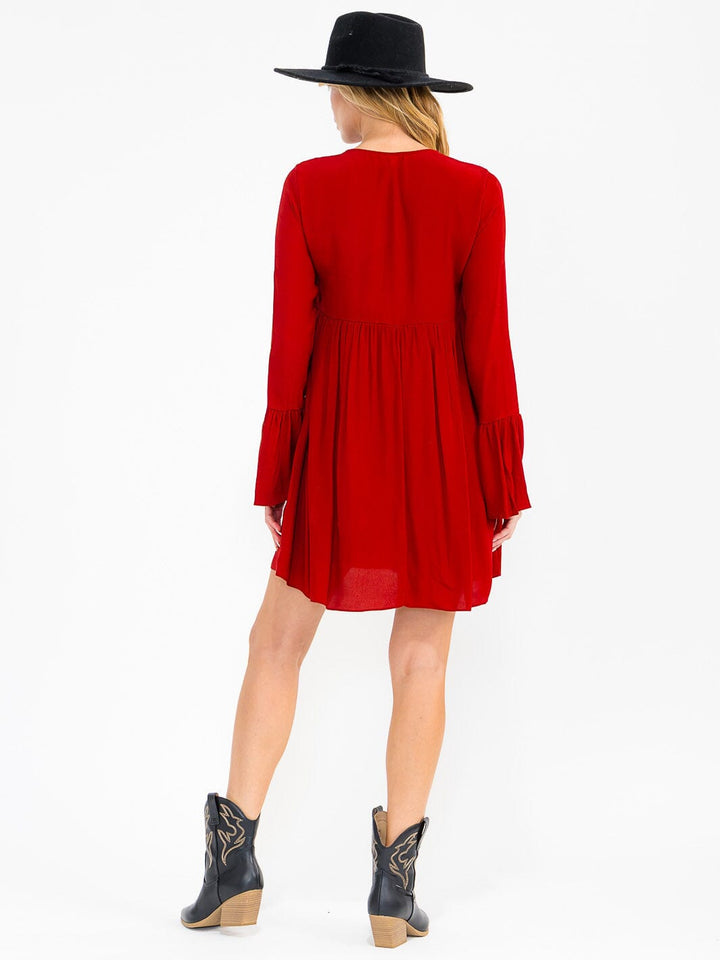 WOMEN'S LONG SLEEVE V-NECK EMBROIDERY DETAILED LOOSE FIT MINI DRESS