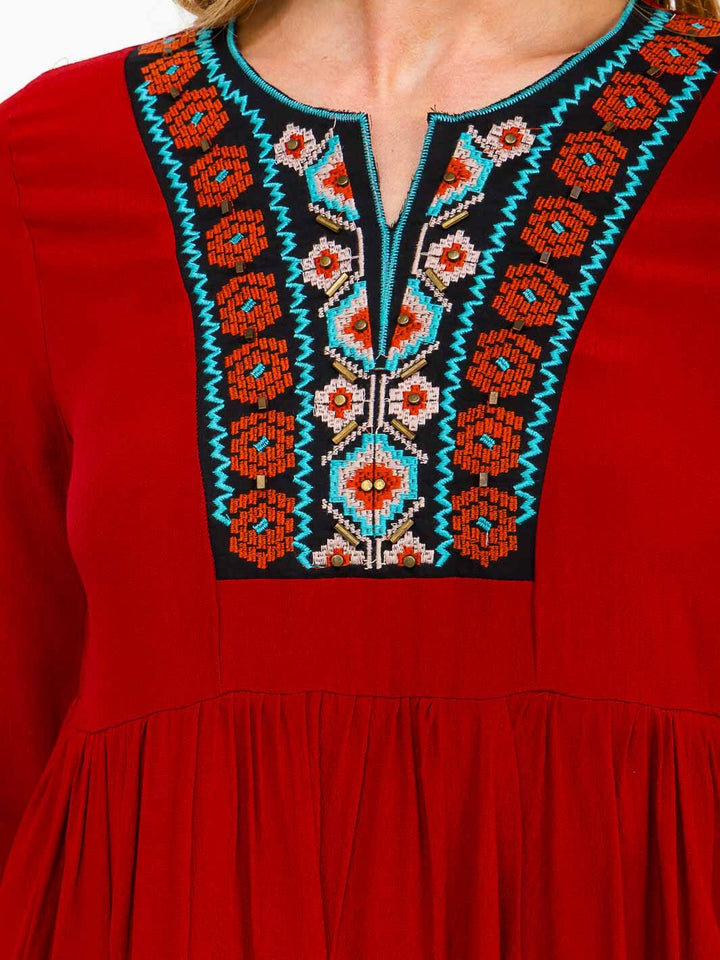 WOMEN'S LONG SLEEVE V-NECK EMBROIDERY DETAILED LOOSE FIT MINI DRESS