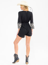 WOMEN'S 3/4 SLEEVES V-NECK EMBROIDERY ROMPER