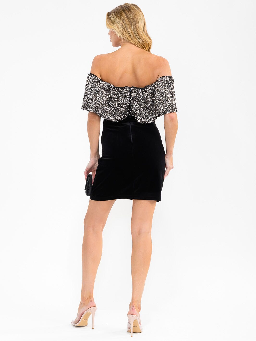 WOMEN'S OFF SHOULDER BODYCON SEQUINS VELVET MINI DRESS