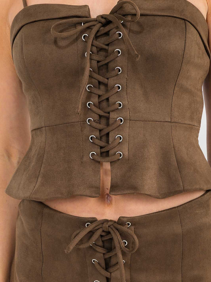 WOMEN'S SLEEVELESS TOP & MINI SKIRT LACE UP DETAILED 2PC. SET