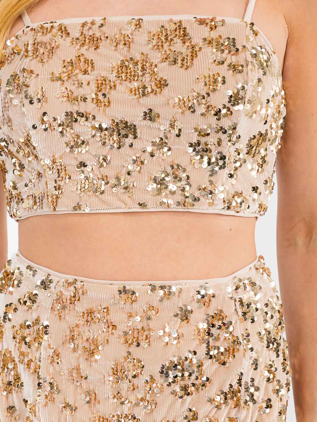 WOMEN'S SLEEVELESS CROP TOP & MINI SKIRT SEQUINS VELVET 2PC. SET