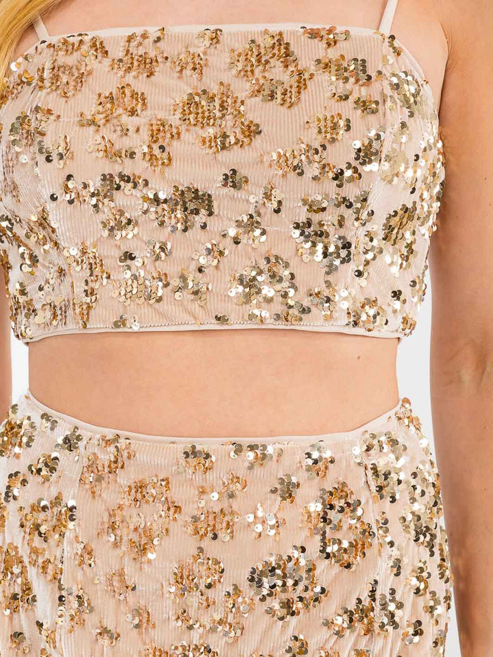 WOMEN'S SLEEVELESS CROP TOP & MINI SKIRT SEQUINS VELVET 2PC. SET