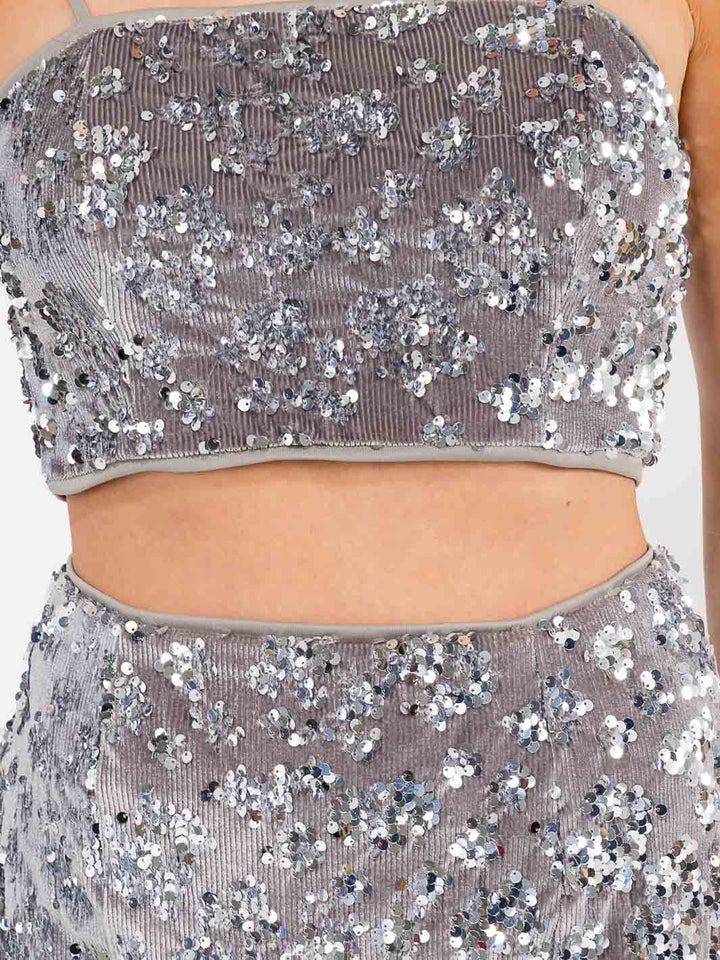WOMEN'S SLEEVELESS CROP TOP & MINI SKIRT SEQUINS VELVET 2PC. SET