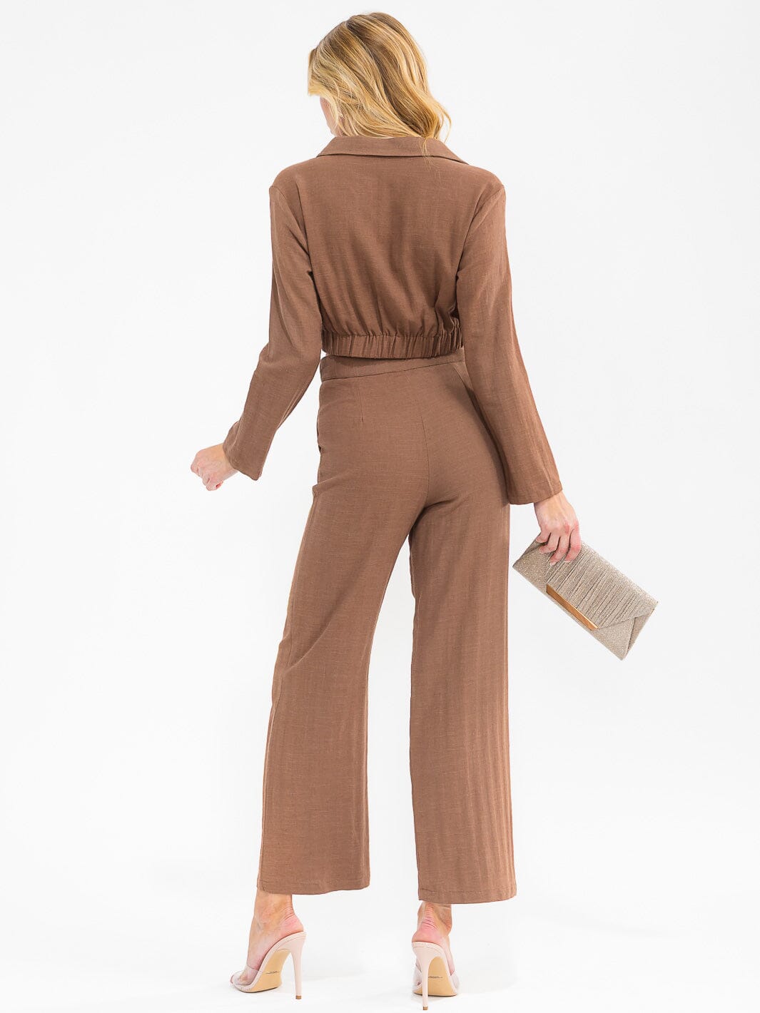 WOMEN'S LONG SLEEVE CROP TOP & BUTTON CLOSURE PANTS SOLID 2PC. SET