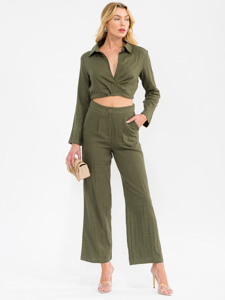 WOMEN'S LONG SLEEVE CROP TOP & BUTTON CLOSURE PANTS SOLID 2PC. SET
