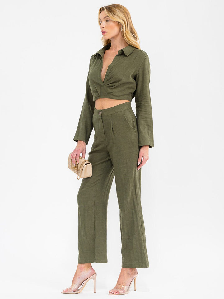 WOMEN'S LONG SLEEVE CROP TOP & BUTTON CLOSURE PANTS SOLID 2PC. SET