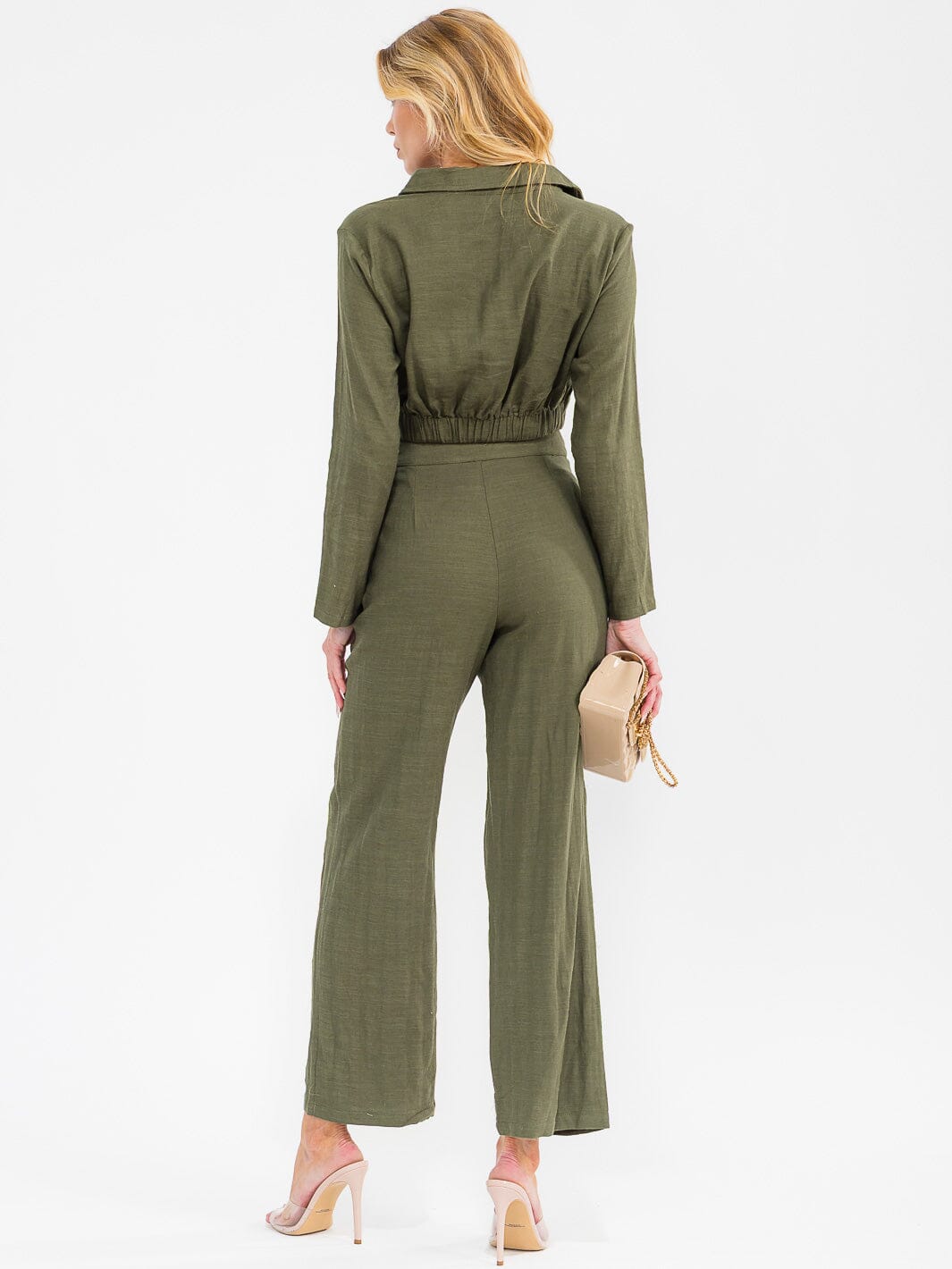 WOMEN'S LONG SLEEVE CROP TOP & BUTTON CLOSURE PANTS SOLID 2PC. SET