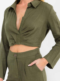 WOMEN'S LONG SLEEVE CROP TOP & BUTTON CLOSURE PANTS SOLID 2PC. SET
