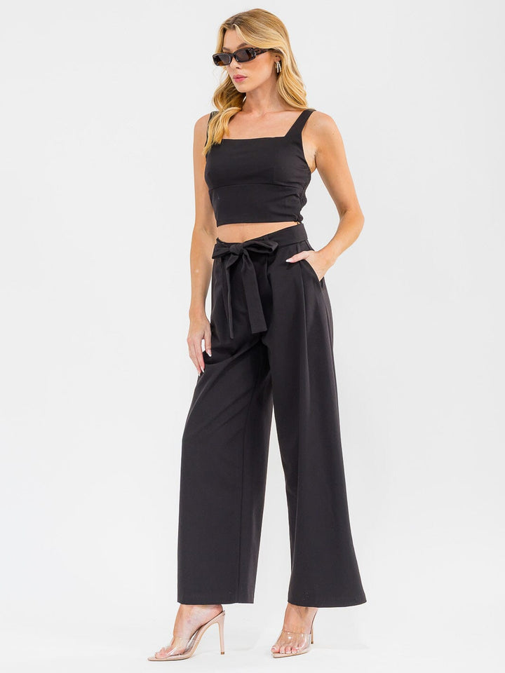 WOMEN'S SQUARE NECK SMOCK TOP & BUTTON CLOSURE PANTS SOLID 2PC. SET