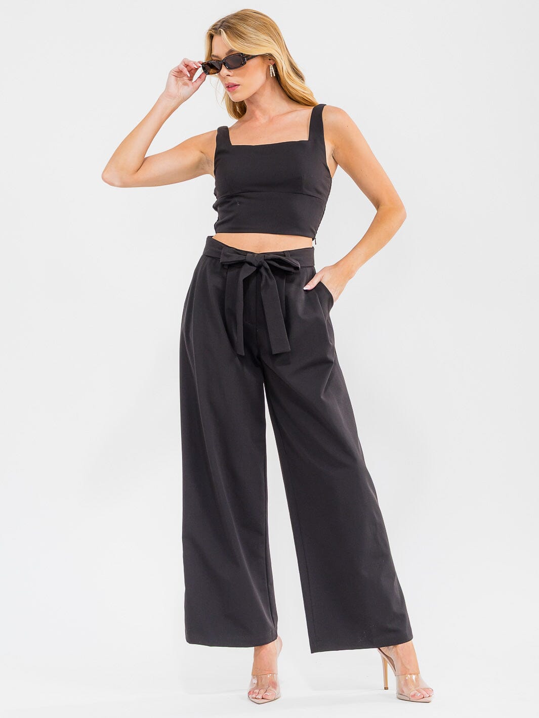 WOMEN'S SQUARE NECK SMOCK TOP & BUTTON CLOSURE PANTS SOLID 2PC. SET