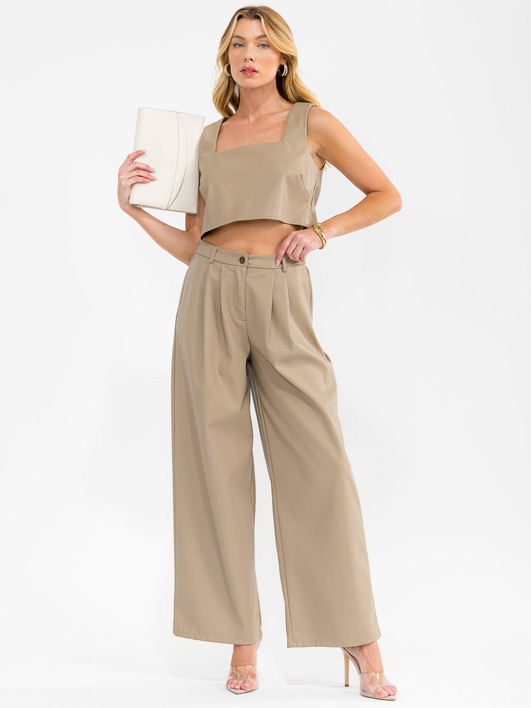WOMEN'S SQUARE NECK CROP TOP & BUTTON CLOSURE PANTS PU PLEATHER 2PC. SET