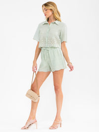WOMEN'S SHORT SLEEVE TOP & MINI SHORTS EYELET DETAILED 2PC. SET