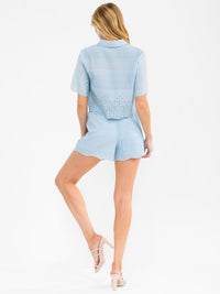WOMEN'S SHORT SLEEVE TOP & MINI SHORTS EYELET DETAILED 2PC. SET