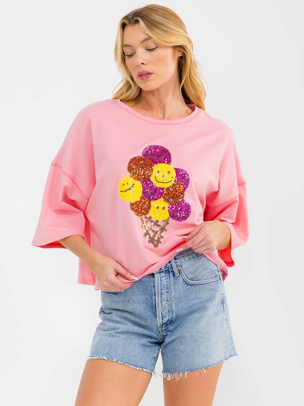 WOMEN'S SHORT SLEEVE SEQUINS GRAPHIC OVERSIZED TOP