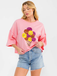 WOMEN'S SHORT SLEEVE SEQUINS GRAPHIC OVERSIZED TOP