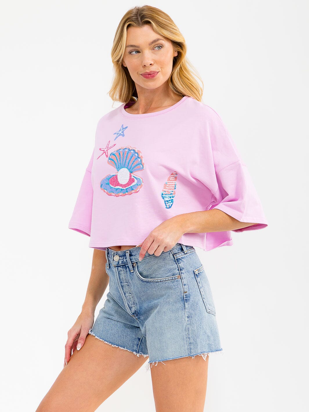 WOMEN'S SHORT SLEEVE SEQUINS GRAPHIC TOP