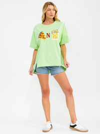 WOMEN'S SHORT SLEEVE SEQUINS GRAPHIC HIGH-LOW OVERSIZED TOP