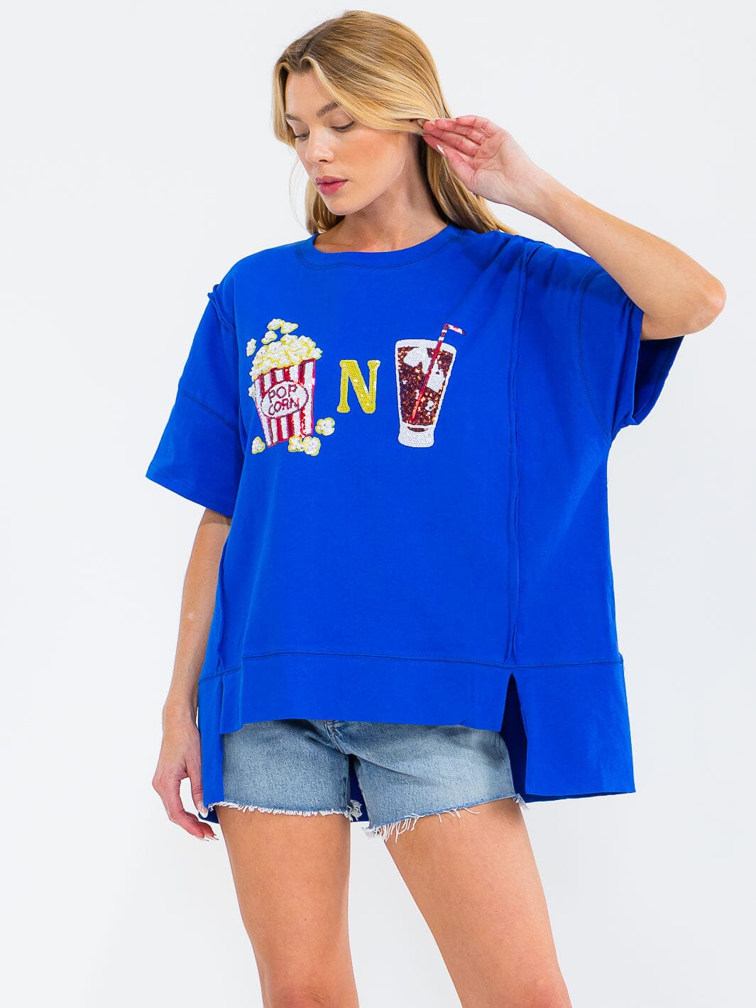 WOMEN'S SHORT SLEEVE SEQUINS GRAPHIC HIGH-LOW OVERSIZED TOP