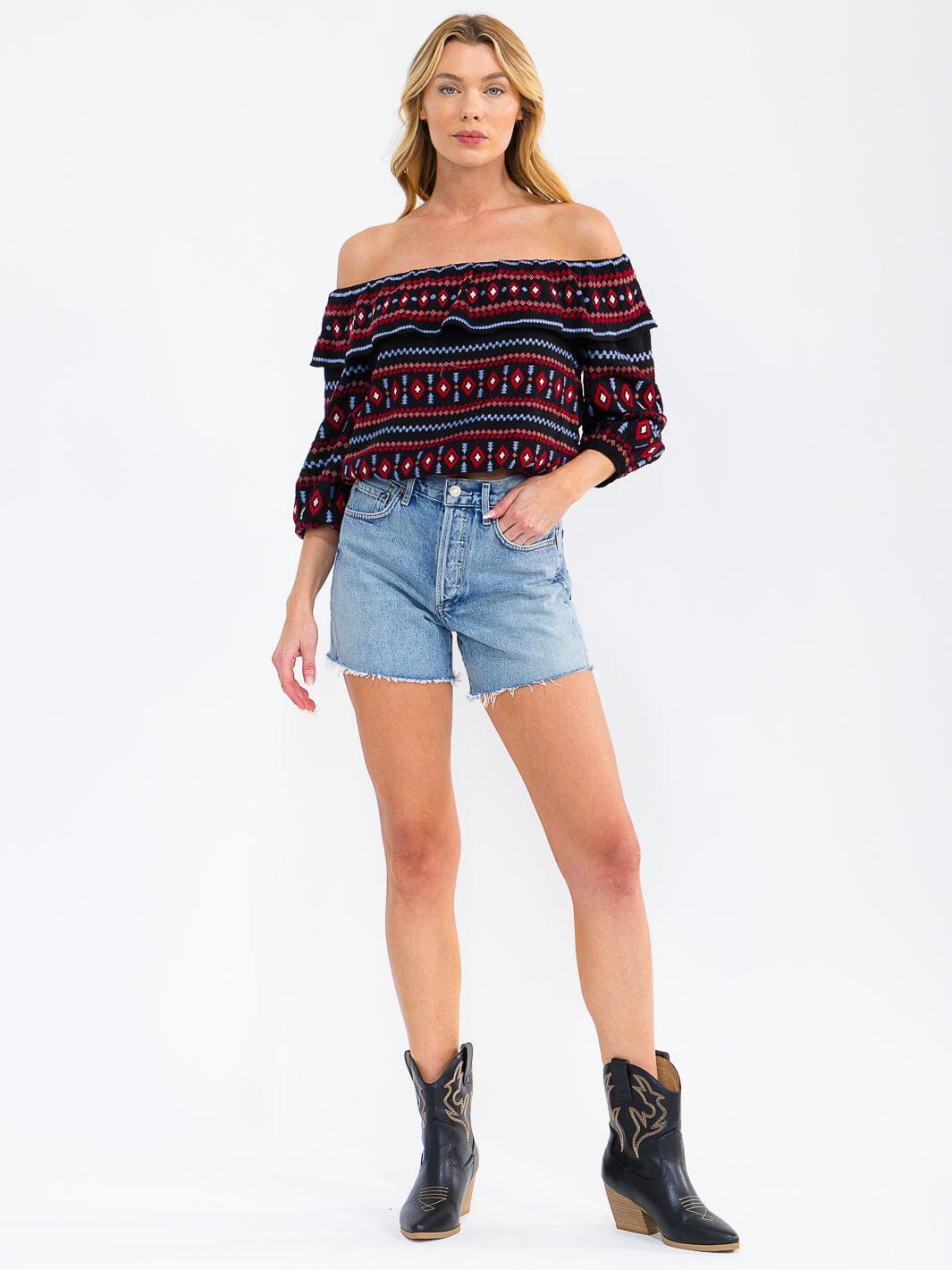 WOMEN'S OFF SHOULDER RUFFLE EMBROIDERY TOP