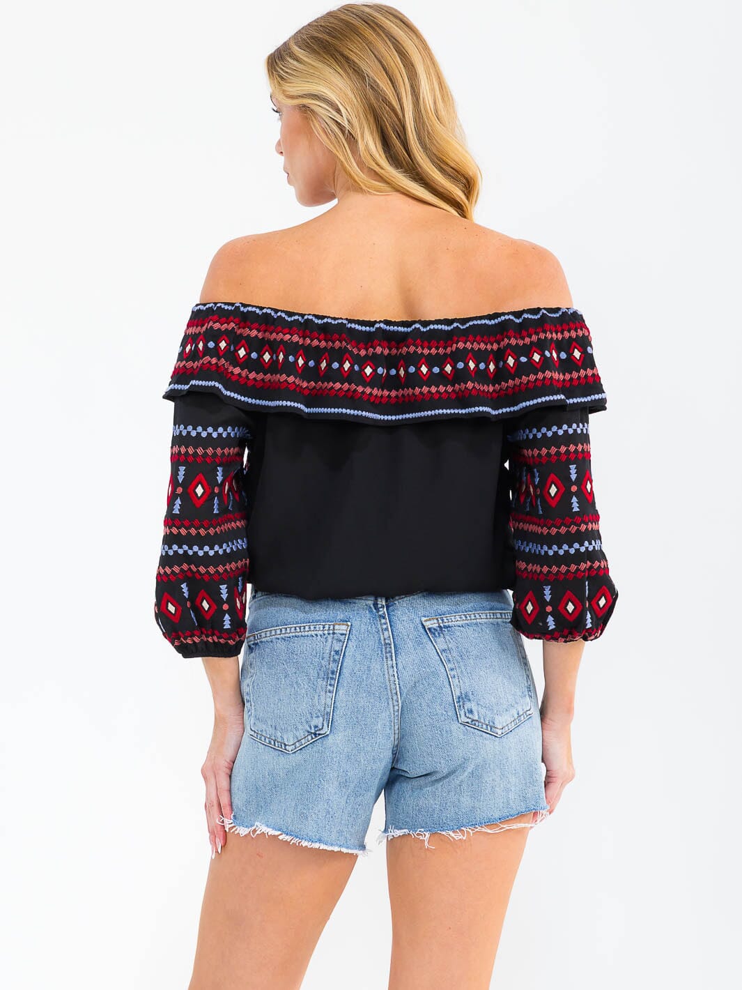 WOMEN'S OFF SHOULDER RUFFLE EMBROIDERY TOP