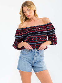 WOMEN'S OFF SHOULDER RUFFLE EMBROIDERY TOP