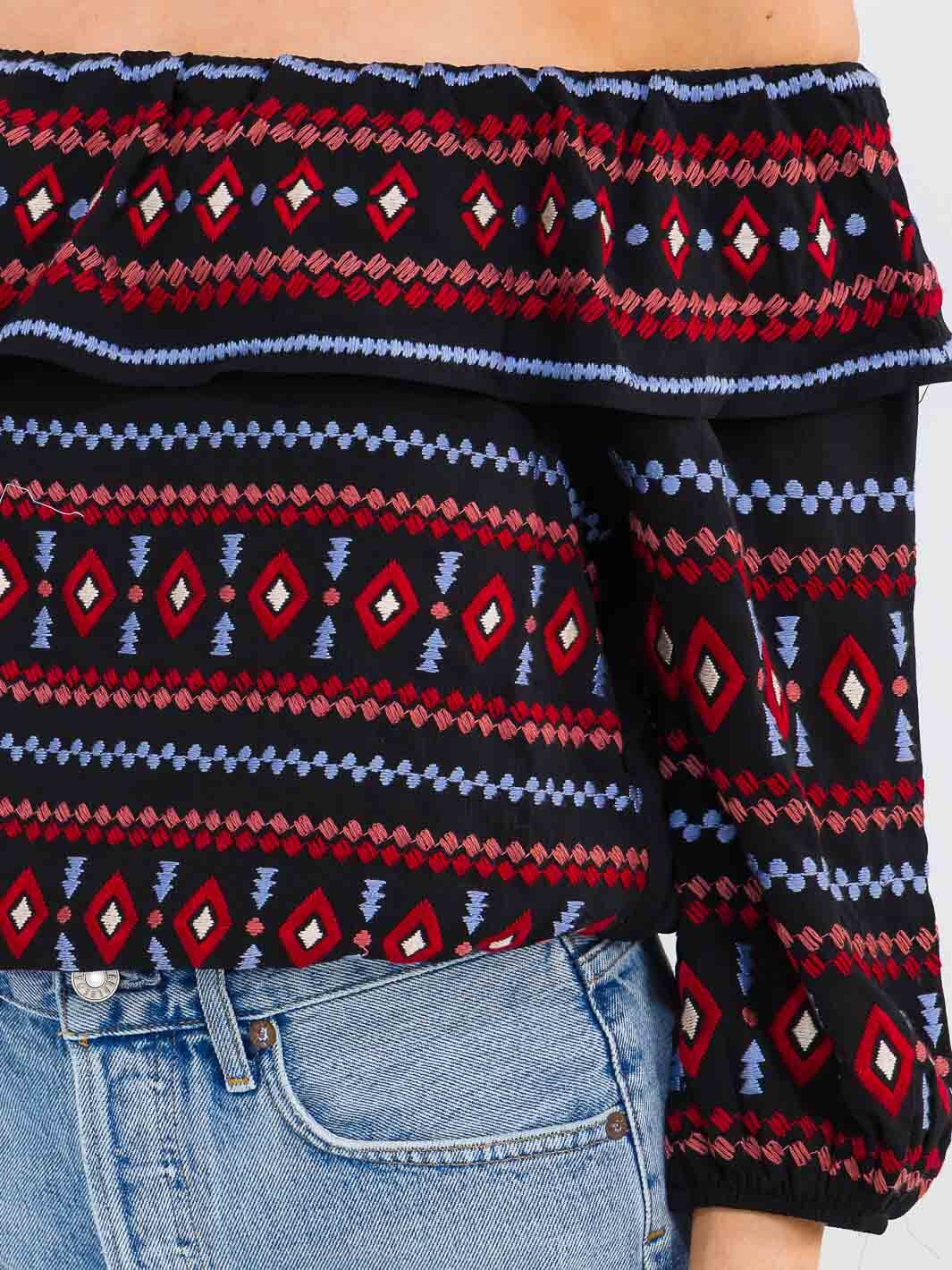 WOMEN'S OFF SHOULDER RUFFLE EMBROIDERY TOP