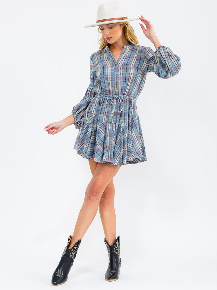 WOMEN'S LONG SLEEVE V-NECK BUTTON UP ADJUSTABLE WAIST PLAID MINI DRESS