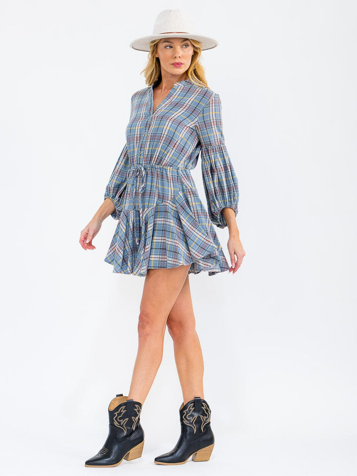 WOMEN'S LONG SLEEVE V-NECK BUTTON UP ADJUSTABLE WAIST PLAID MINI DRESS