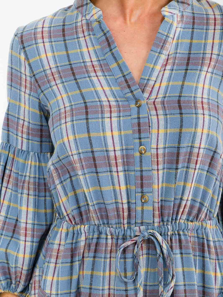 WOMEN'S LONG SLEEVE V-NECK BUTTON UP ADJUSTABLE WAIST PLAID MINI DRESS