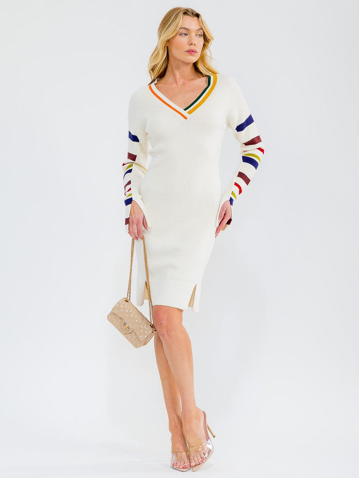 WOMEN'S LONG SLEEVE V-NECK COLORBLOCK STRIPESS RIBBED MIDI DRESS