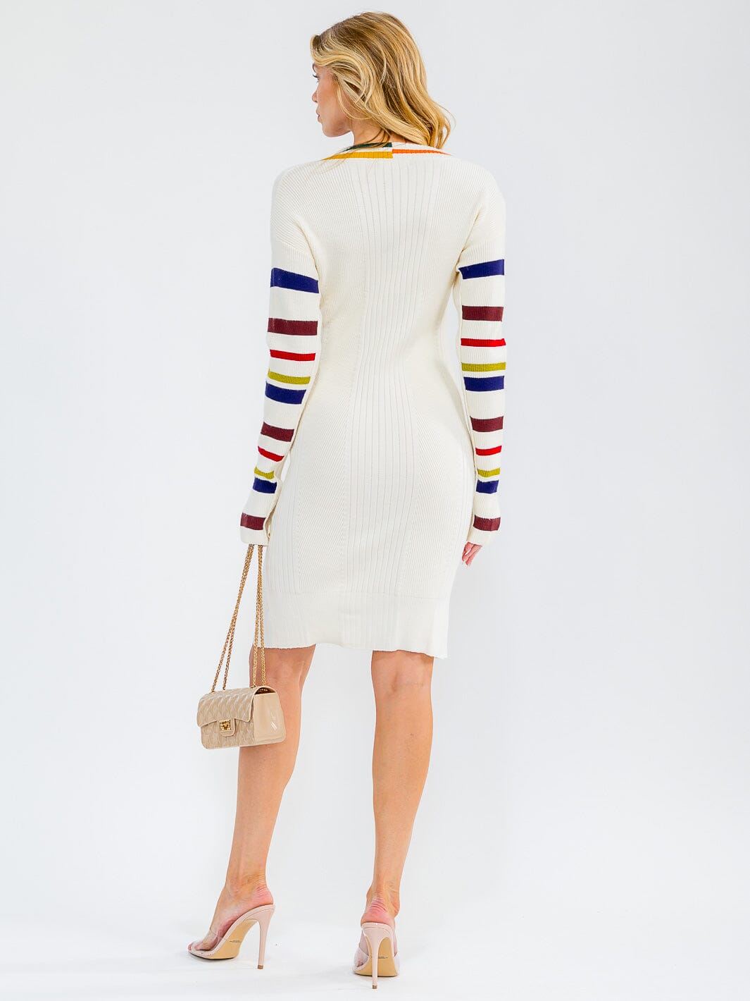 WOMEN'S LONG SLEEVE V-NECK COLORBLOCK STRIPESS RIBBED MIDI DRESS