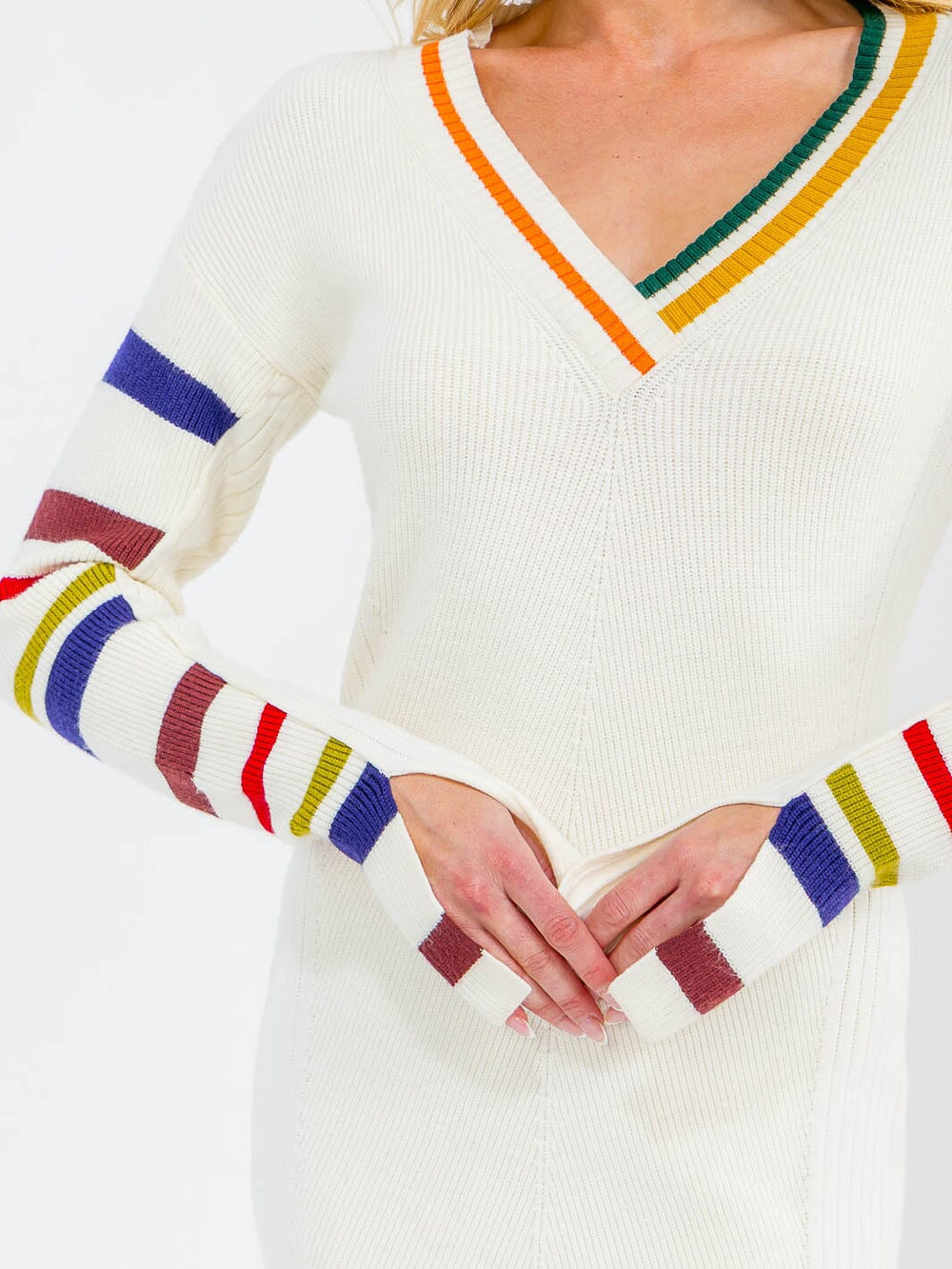 WOMEN'S LONG SLEEVE V-NECK COLORBLOCK STRIPESS RIBBED MIDI DRESS