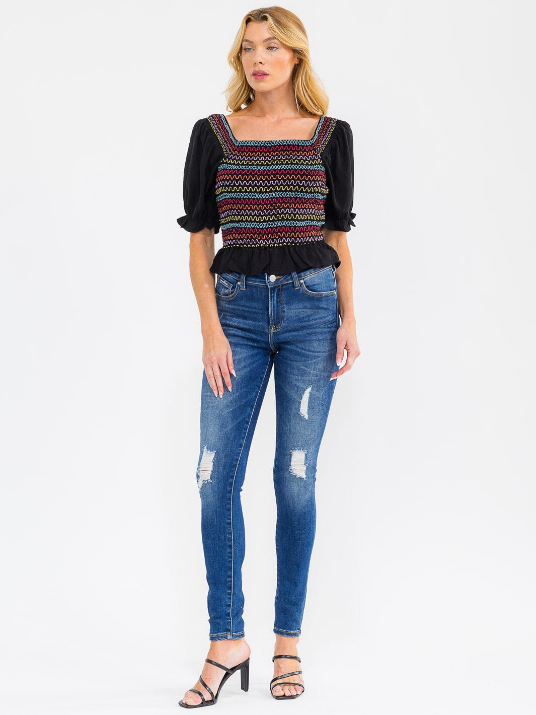 WOMEN'S SHORT PUFF SLEEVE SQUARE NECK SMOCK EMBROIDERY BLOUSE