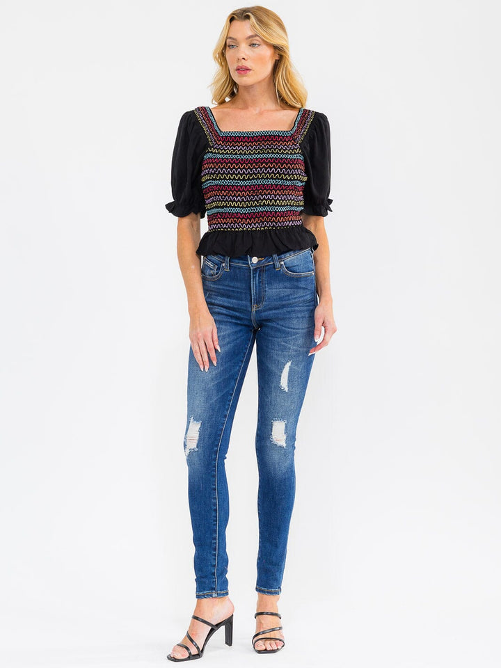 WOMEN'S SHORT PUFF SLEEVE SQUARE NECK SMOCK EMBROIDERY BLOUSE