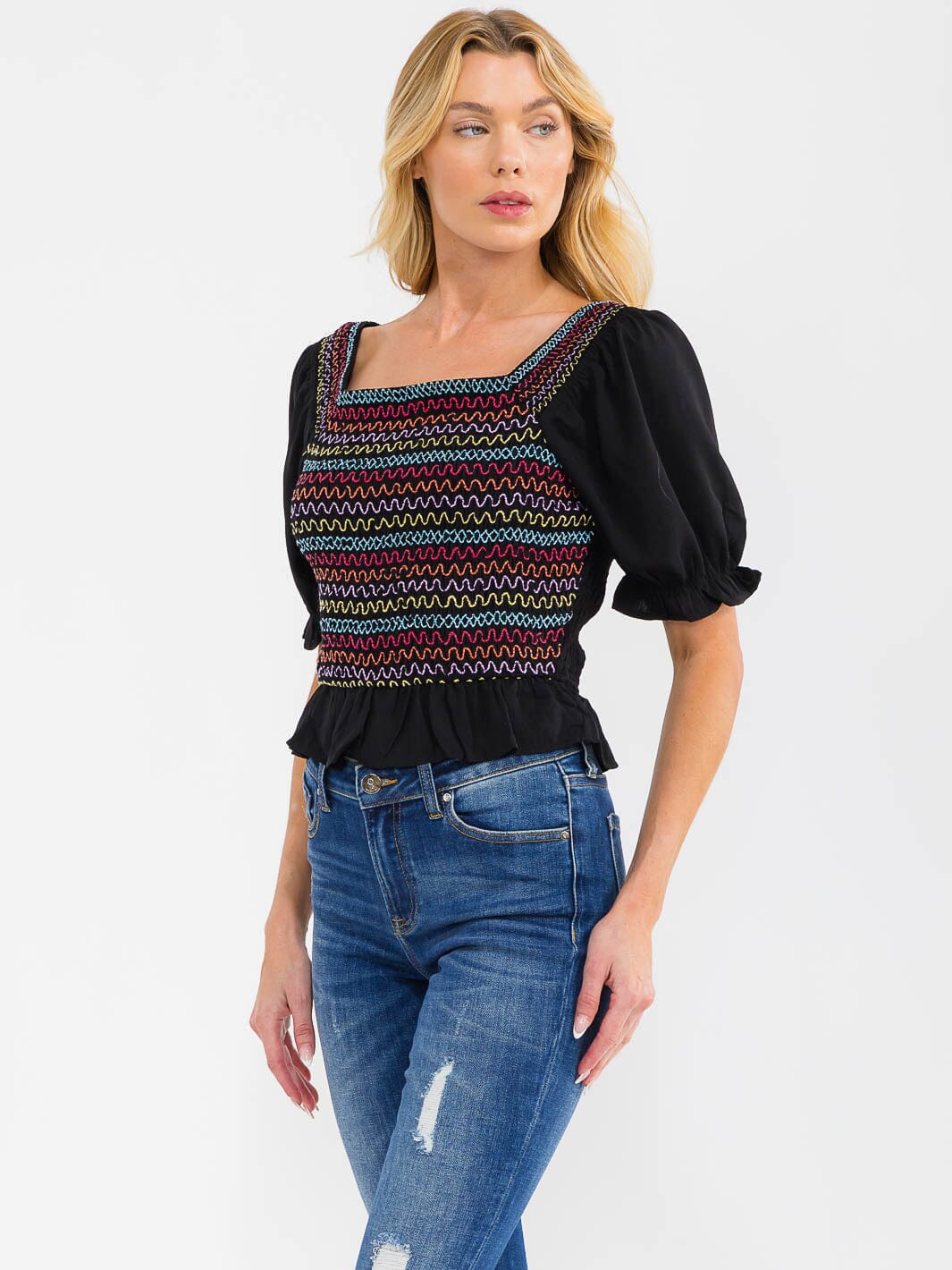 WOMEN'S SHORT PUFF SLEEVE SQUARE NECK SMOCK EMBROIDERY BLOUSE