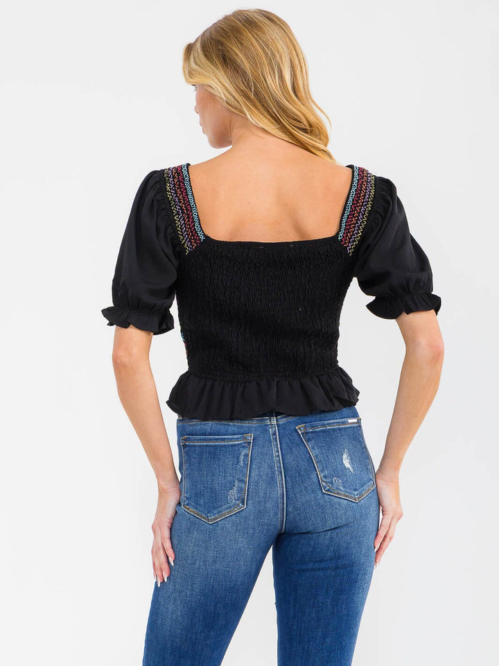 WOMEN'S SHORT PUFF SLEEVE SQUARE NECK SMOCK EMBROIDERY BLOUSE