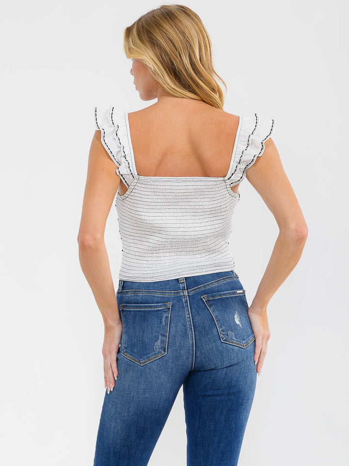 WOMEN'S RUFFLE SLEEVES SMOCK EMBROIDERY TANK TOP