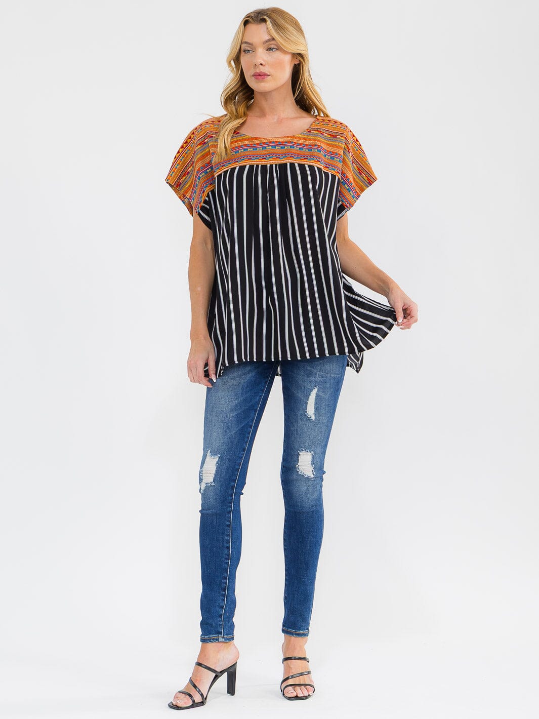 WOMEN'S SHORT SLEEVE STRIPES EMBROIDERY CONTRAST BLOUSE